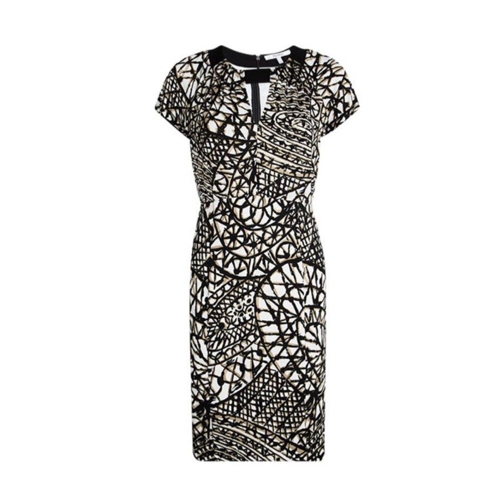 $885 New Max Mara 38 US 4 Sheath Dress Jersey Knit Geo Midi Black Stretch White